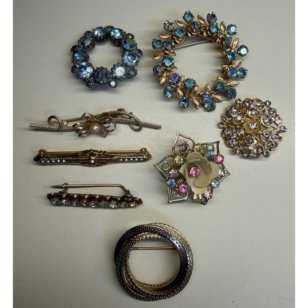 Vintage Brooch Pin Lot 8pc Rhinestone Floral AB Crystal Gold Silver Tone Estate
